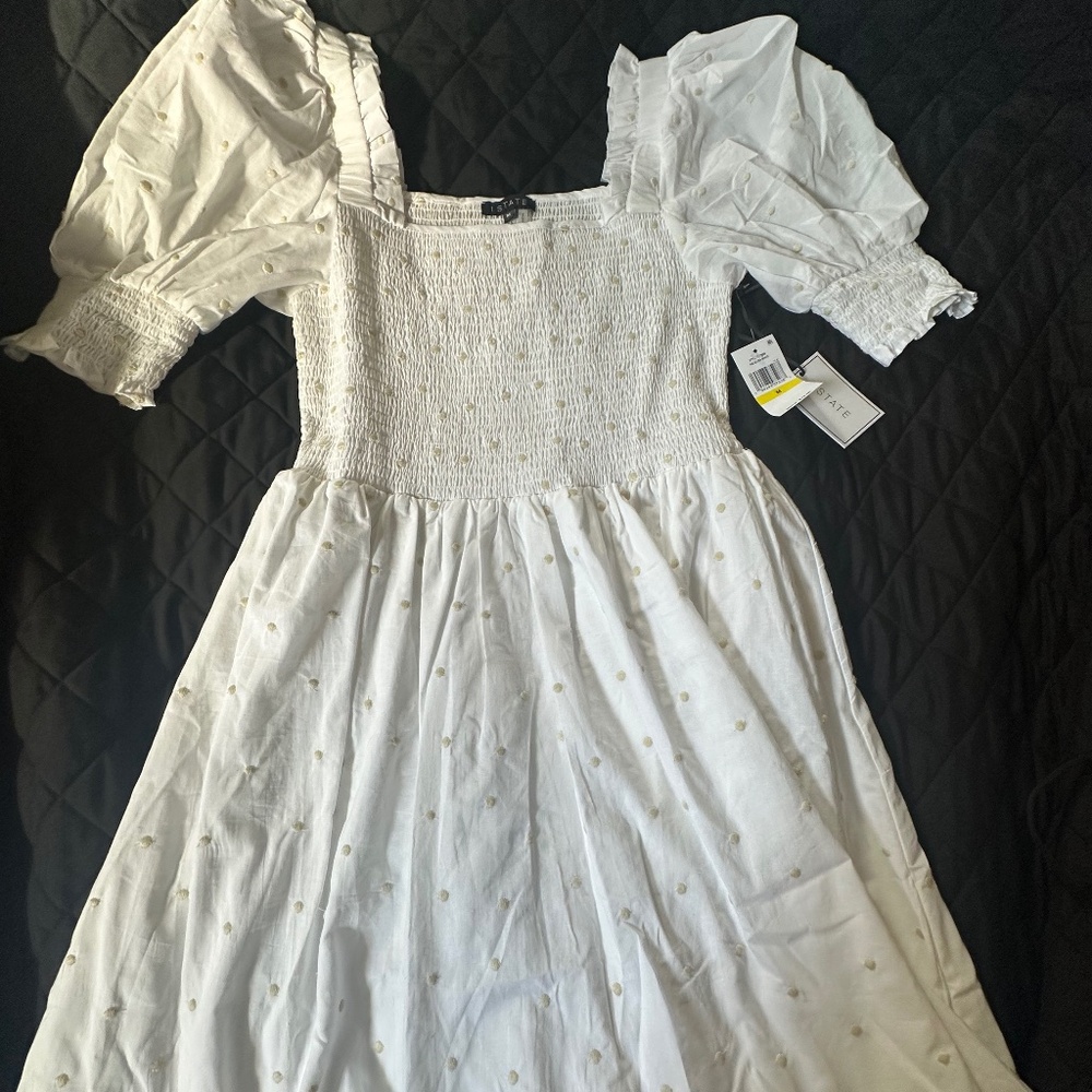 1. STATE White with gold polka dots mini-dress